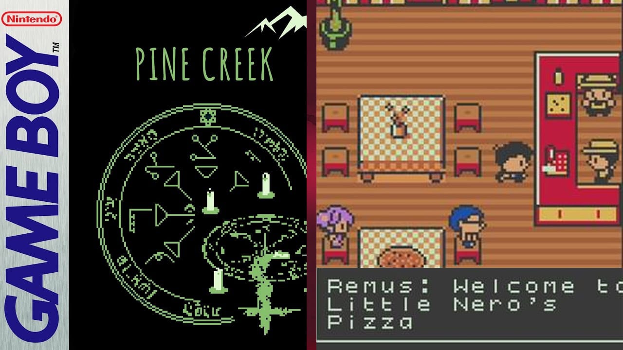 A split screen of a game boy cover and a pixel pizzeria